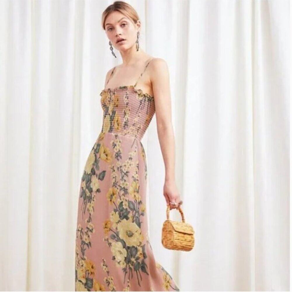 Reformation Ceylon Maxi Dress Antoinette Floral Smocked Bodice Romantic Mauve